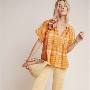 Pilcro Anthropologie Plaid Gauze Peasant Blouse Boho Orange Tiered Tassel Top XS
